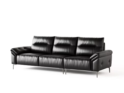 Black Leather Three Seater Sofa With Modern Design And Metal Legs 3d model