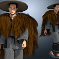 A Man With Large Straw Hat Brown Furry Shawl Gray Clothing And Two Different Angles