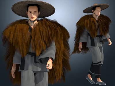 A Man With Large Straw Hat Brown Furry Shawl Gray Clothing And Two Different Angles 3d model