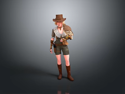 Woman Wearing Cowboy Hat Leather Armor Arm Guard Shorts And Brown Boots 3d model