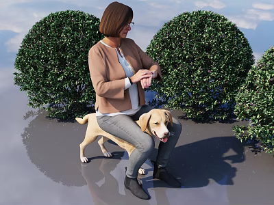 Woman In Brown Jacket Checking Her Watch With Beagle Dog Near Round Green Bushes 3d model