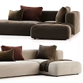 Modern Sectional Sofa With Beige Brown Upholstery And Patterned Throw Pillows 3d model