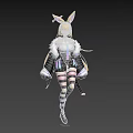 Woman With Rabbit Ears Blonde Hair Wearing Black Coat White Top Rainbow Elements Striped Stockings