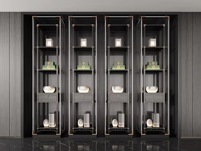 Modern Black and Gold Display Cabinets With Green Boxes White Bowls and Glass Vases 3d model