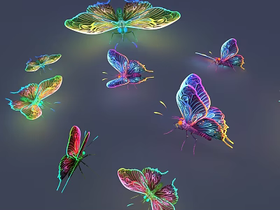 Beautiful Bright Colorful Glowing Butterflies Fluttering With Iridescent Shimmering Wing Patterns In Mid Air 3d model