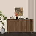Modern Console Cabinet With Wooden Slat Design And Potted Plant Wall Art Decorative Items