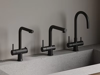 Three Black Modern Faucets Mounted On Sleek Gray Kitchen Countertop 3d model