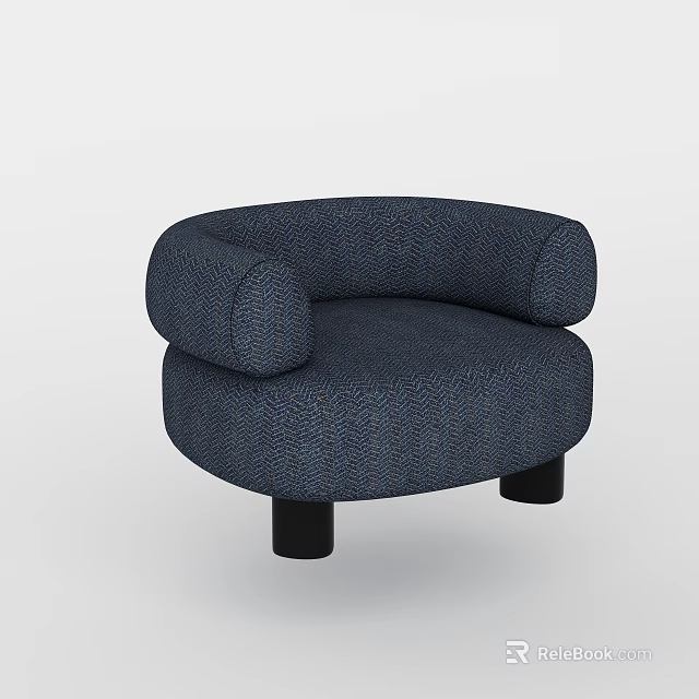 Stylish Sofa Stool with Dark Blue Herringbone Fabric Round Design and Black Legs 3d model 