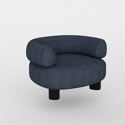 Stylish Sofa Stool with Dark Blue Herringbone Fabric Round Design and Black Legs 3d model