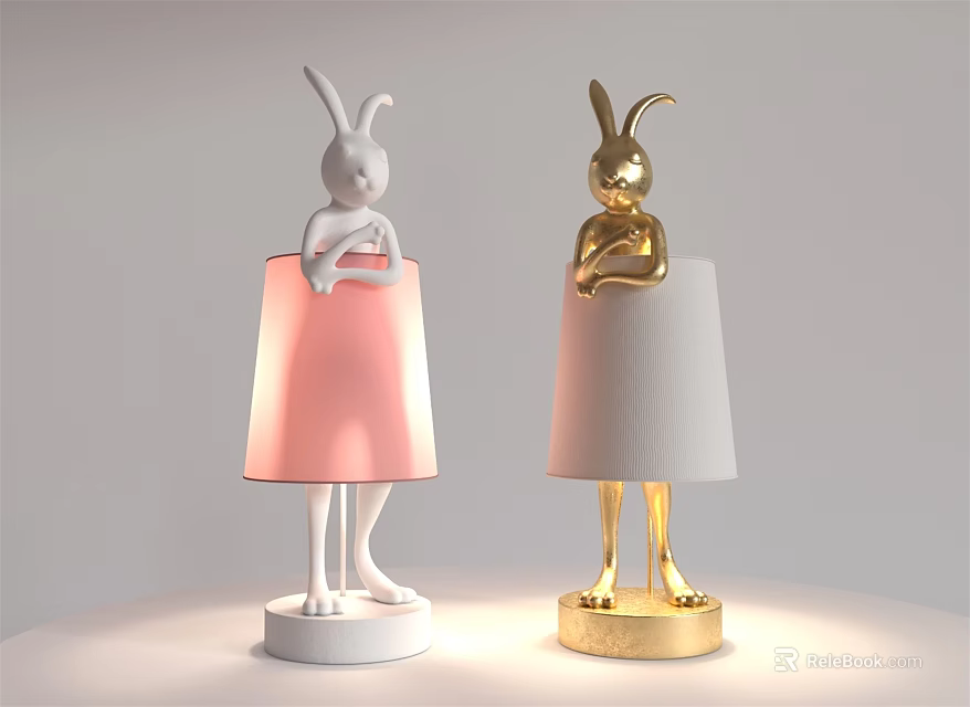 Rabbit Shaped Table Lamps in White and Gold with Pink and Gray Shades 3d model 