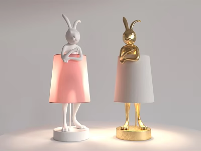 Rabbit Shaped Table Lamps in White and Gold with Pink and Gray Shades 3d model