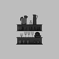 Black Ceramic Vessels on Black Shelves Including Vases Cups Plates Bowls and Goblets