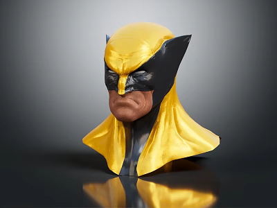 Yellow and Black Superhero Mask Head Sculpture with Detailed Facial Features on Dark Reflective Background 3d model