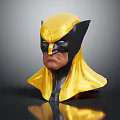 Yellow and Black Superhero Mask Head Sculpture with Detailed Facial Features on Dark Reflective Background