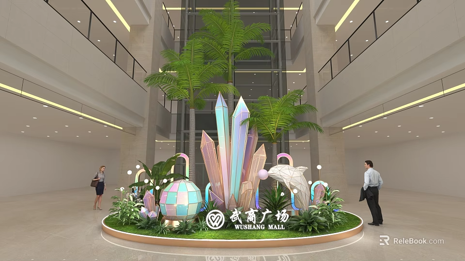 Longfu Mall Atrium Photo Check-in Spot With Large Crystal Decorations Green Plants And Sphere Ornaments 3d model 