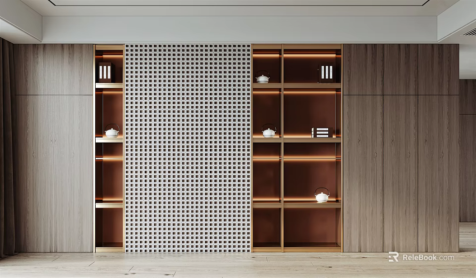 Modern Minimalist Wooden Decorative Cabinet With Perforated Screen Built in Lighting And Decorative Items 3d model 