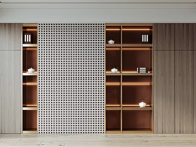 Modern Minimalist Wooden Decorative Cabinet With Perforated Screen Built in Lighting And Decorative Items 3d model