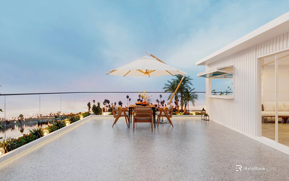 Luxury Villa Balcony Outdoor Dining Area With Umbrella And Sea View 3d model 