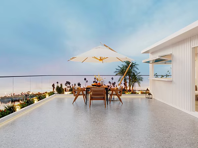 Luxury Villa Balcony Outdoor Dining Area With Umbrella And Sea View 3d model