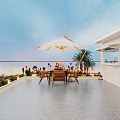 Luxury Villa Balcony Outdoor Dining Area With Umbrella And Sea View