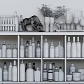 Wine Bottles and Glasses Assorted Collection on Wooden Display Shelf Arranged Neatly