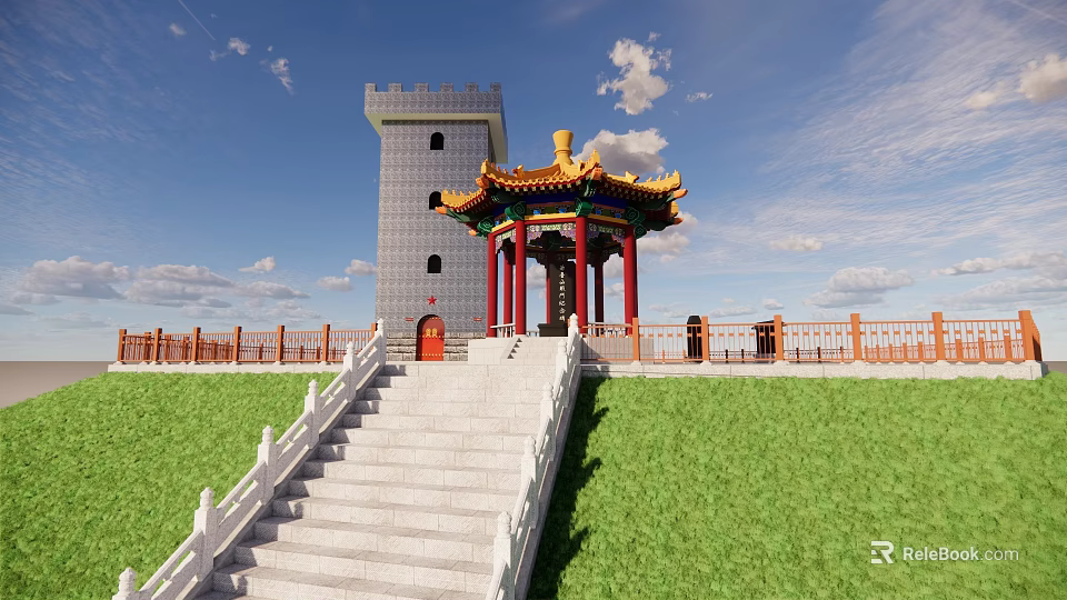 Chinese Pavilion With Yellow Roof Red Pillars Stone Steps On Green Lawn Under Blue Sky 3d model 