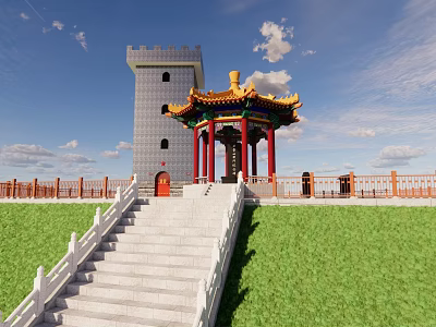 Chinese Pavilion With Yellow Roof Red Pillars Stone Steps On Green Lawn Under Blue Sky 3d model