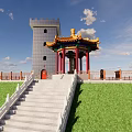 Chinese Pavilion With Yellow Roof Red Pillars Stone Steps On Green Lawn Under Blue Sky