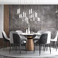 Modern Elegant Dining Table Set With Round Table Gray White Chairs And Hanging Pendant Lights 3d model