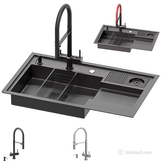 Modern Black Kitchen Sink With Faucet Drain Rack and Functional Accessories 3d model 