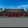 Ancient Architecture Exterior With Red Doors Windows Gray Roof Green Trees And Blue Sky