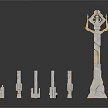 Abstract Architectural Model With Tall Golden And White Structures And Small Pillars