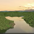 Scenic Landscape with Lake Lush Green Forest Distant Mountains and Sunset Sky