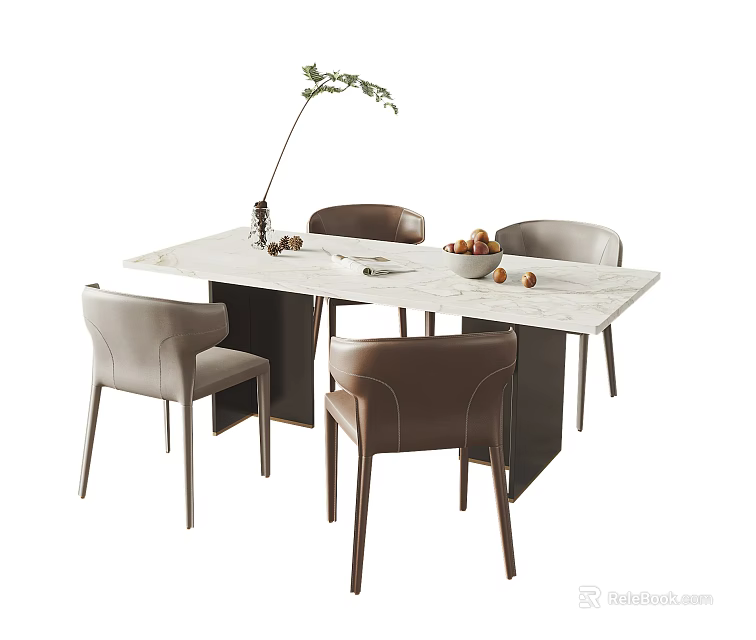 Modern Dining Table Set With White Marble Top Light Gray And Dark Brown Chairs 3d model