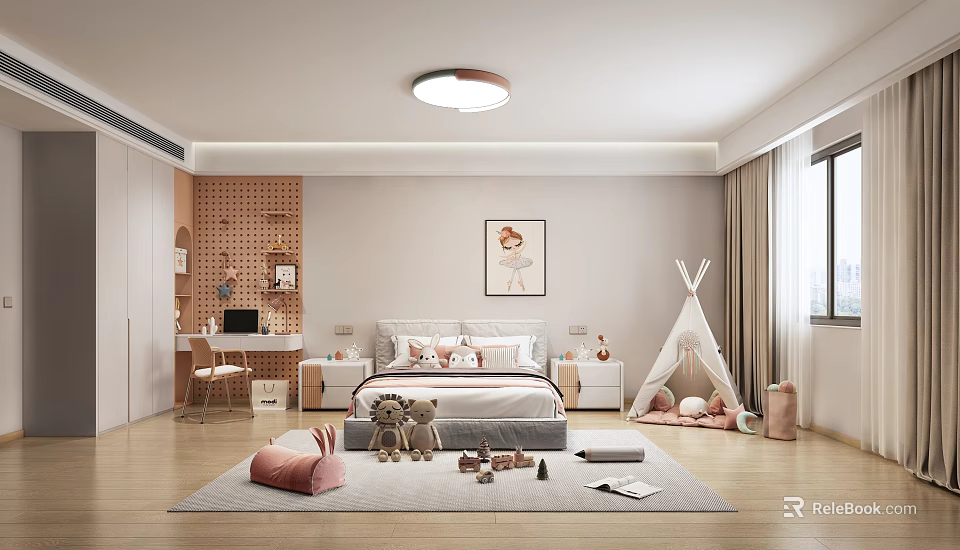 Cozy Kids Room Interior With Bed Stuffed Toys Teepee Tent Desk And Round Ceiling Light 3d model 