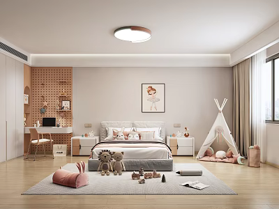 Cozy Kids Room Interior With Bed Stuffed Toys Teepee Tent Desk And Round Ceiling Light 3d model