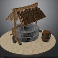 Traditional Well Structure With Wooden Thatched Roof Stone Bricks And Barrel