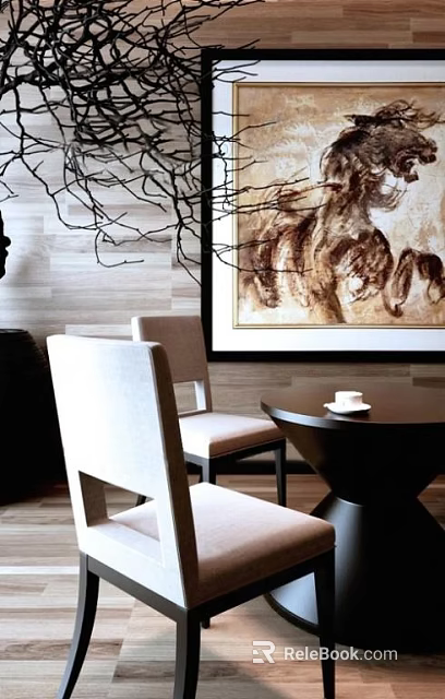 Dark Round Table With Light Beige Chairs And White Cup On Wooden Wall Background Painting 3d model 