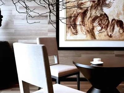 Dark Round Table With Light Beige Chairs And White Cup On Wooden Wall Background Painting 3d model