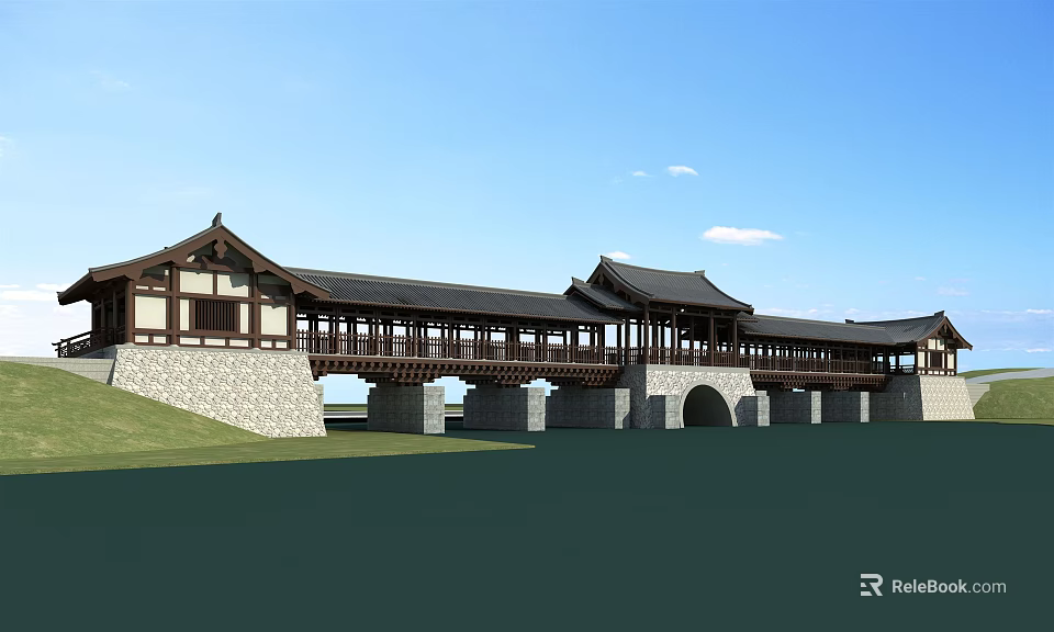 Traditional Chinese Architectural Bridge With Wooden Roof Stone Piers And Arch Design Under Blue Sky 3d model 