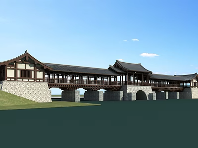 Traditional Chinese Architectural Bridge With Wooden Roof Stone Piers And Arch Design Under Blue Sky 3d model