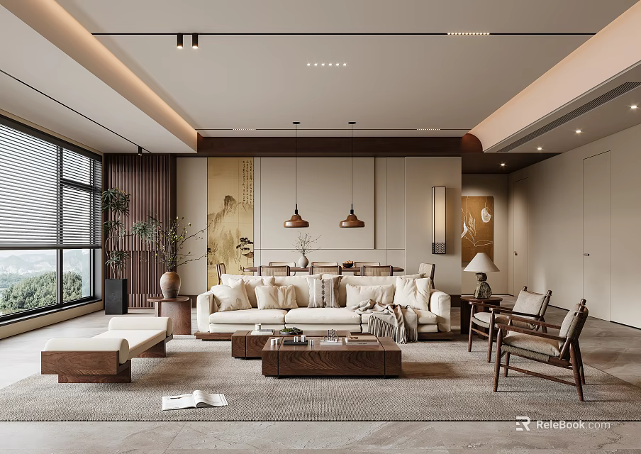 Modern Living Dining Room Interior With Sofa Coffee Table Chairs And Floor to Ceiling Windows 3d model 