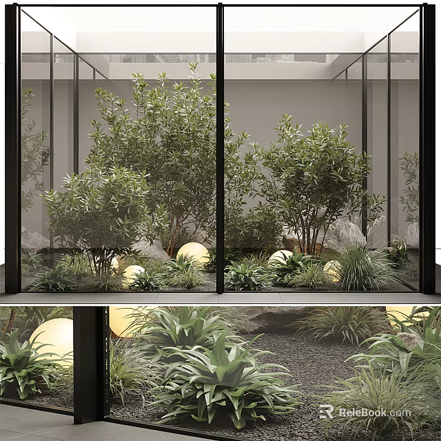 Indoor Landscape Design With Glass Walls Various Green Plants Round Lights Stones And Ground Cover 3d model 