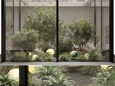 Indoor Landscape Design With Glass Walls Various Green Plants Round Lights Stones And Ground Cover 3d model
