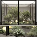 Indoor Landscape Design With Glass Walls Various Green Plants Round Lights Stones And Ground Cover