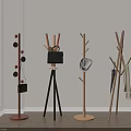Modern Wooden Coat Racks With Tripod And Branch Like Designs Holding Bag Mirror And Coat