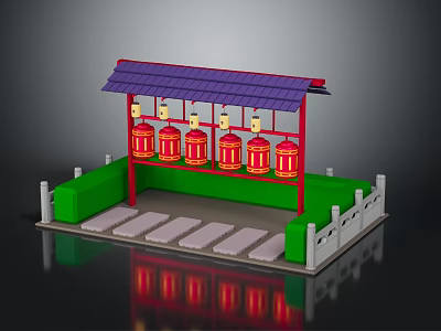 Traditional Chinese Pavilion Structure with Purple Roof Red Lanterns and Green Fence Design 3d model
