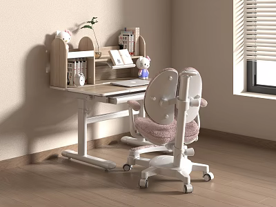 Adjustable Children's Desk With Bookshelf Storage And Cozy Kids Chair For Study Space 3d model