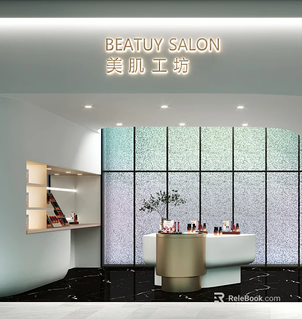 Modern Beauty Salon Interior With Reception Desk Textured Glass Wall And Beauty Products 3d model 