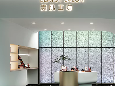 Modern Beauty Salon Interior With Reception Desk Textured Glass Wall And Beauty Products 3d model